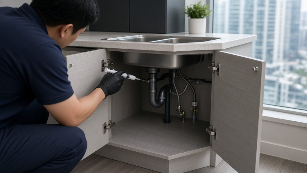 Pest control Downtown Dubai technician applying gel bait under an apartment kitchen sink