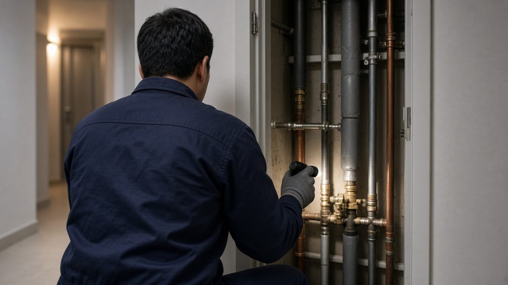 Pest control Downtown Dubai inspection of a tower service duct and pipe riser