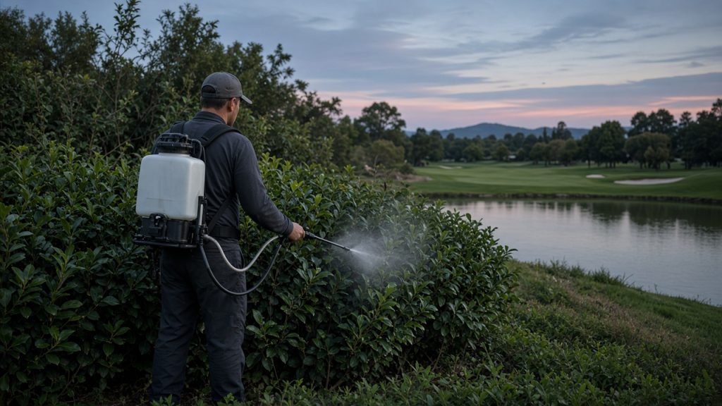Pest control Dubai Hills Estate mosquito treatment beside a golf course water feature
