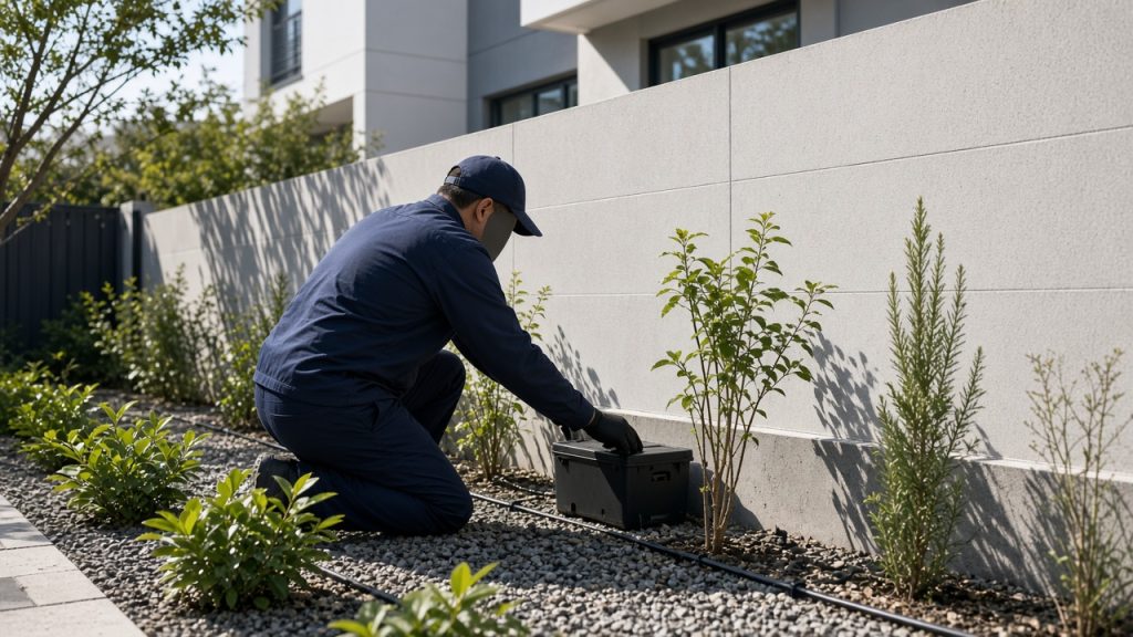 Pest control Dubai Hills Estate technician placing a rodent bait station in a townhouse garden