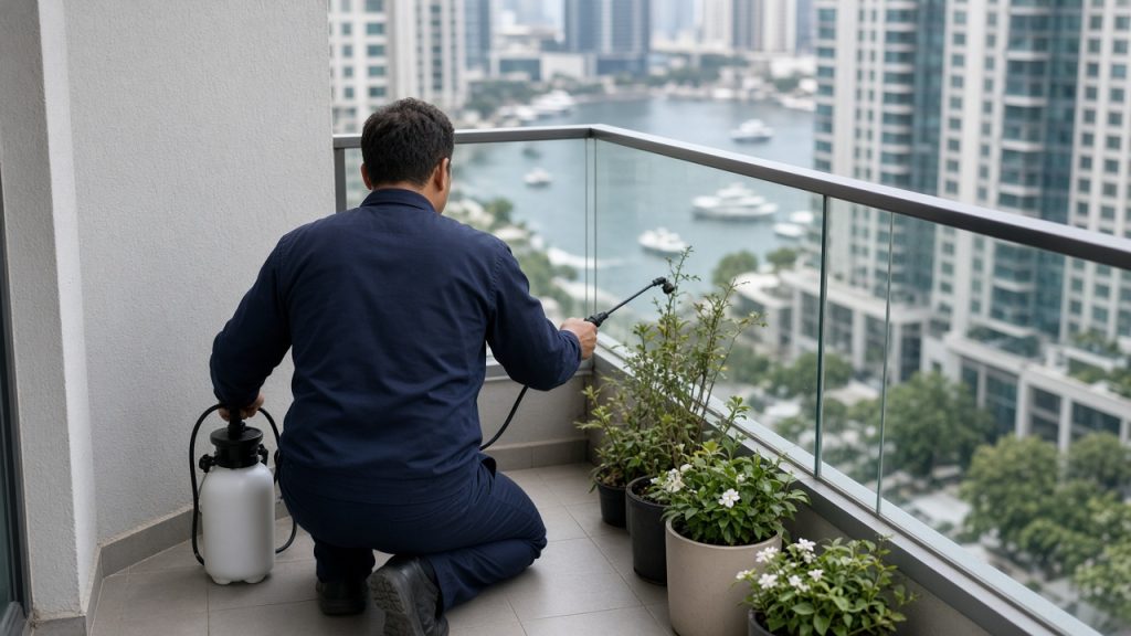 Pest control Dubai Marina technician treating a high-floor apartment balcony