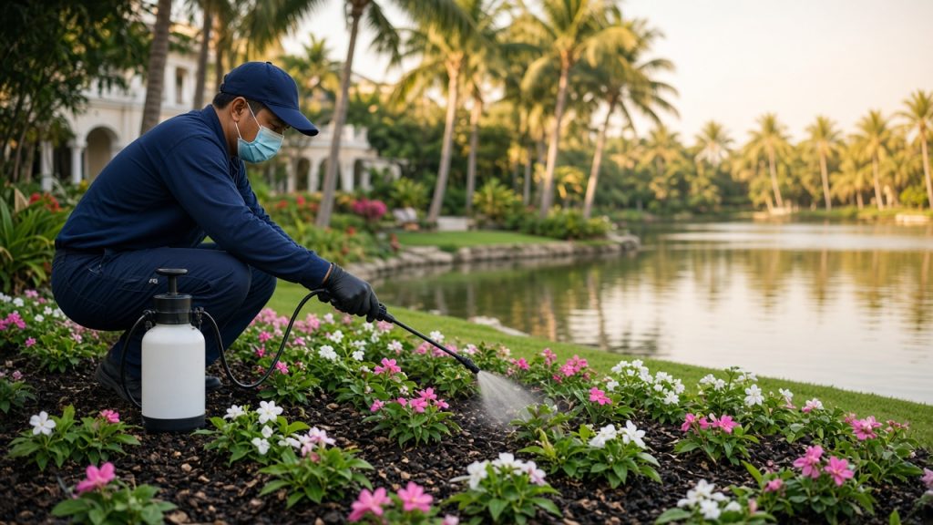 Pest control Emirates Hills technician treating a lakeside villa garden bed