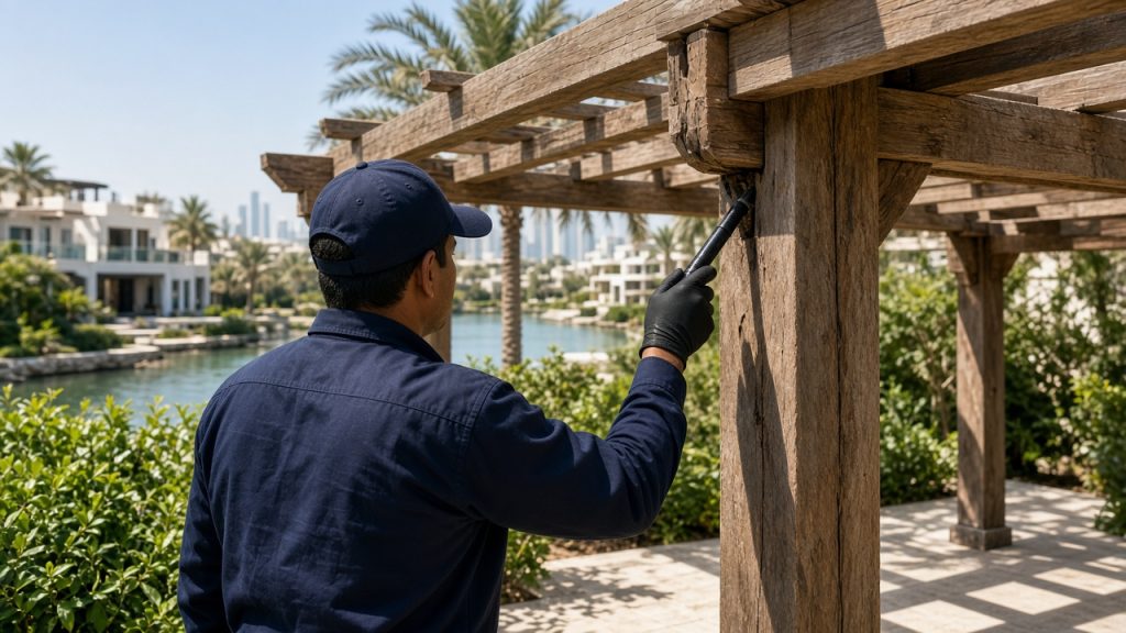 Pest control Emirates Hills inspection of timber pergola posts for termites