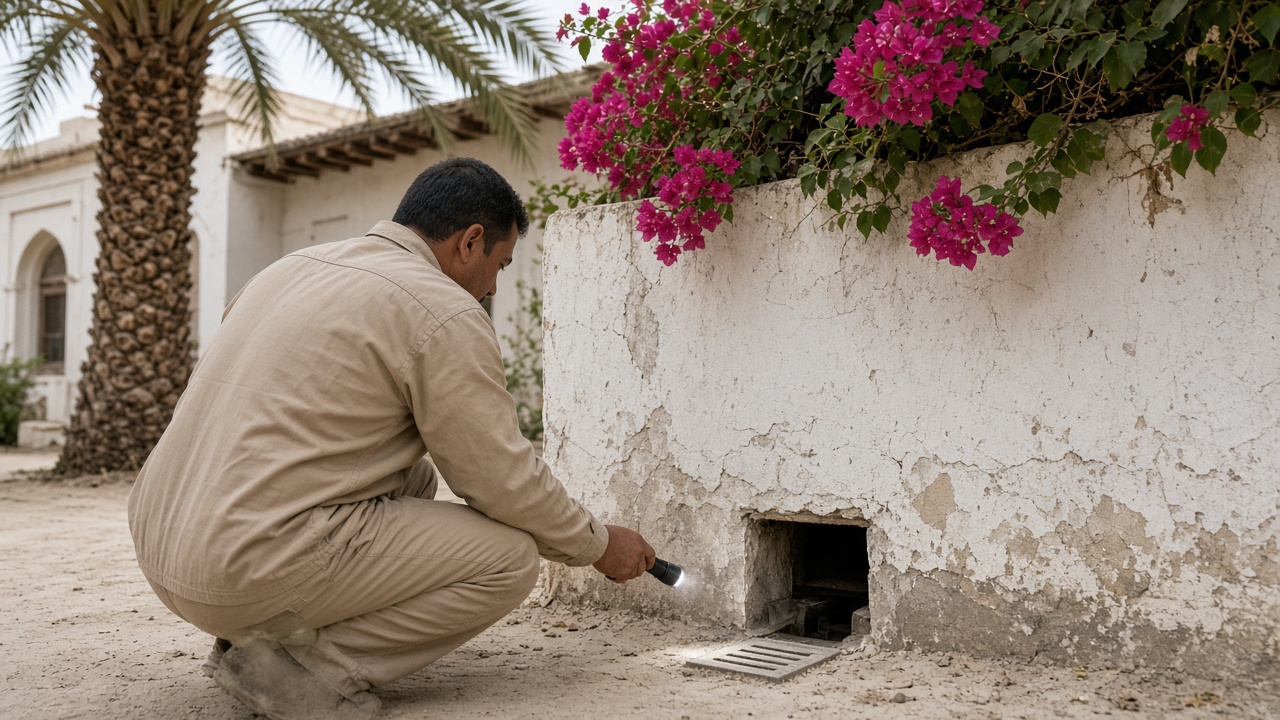 Pest control Jumeirah technician inspecting the base of an older villa wall
