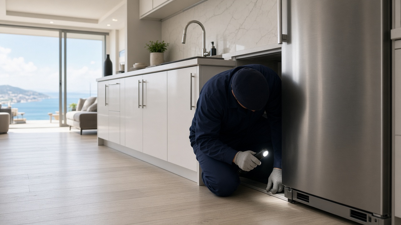 Pest control Palm Jumeirah inspection behind kitchen appliances in a sea-view apartment