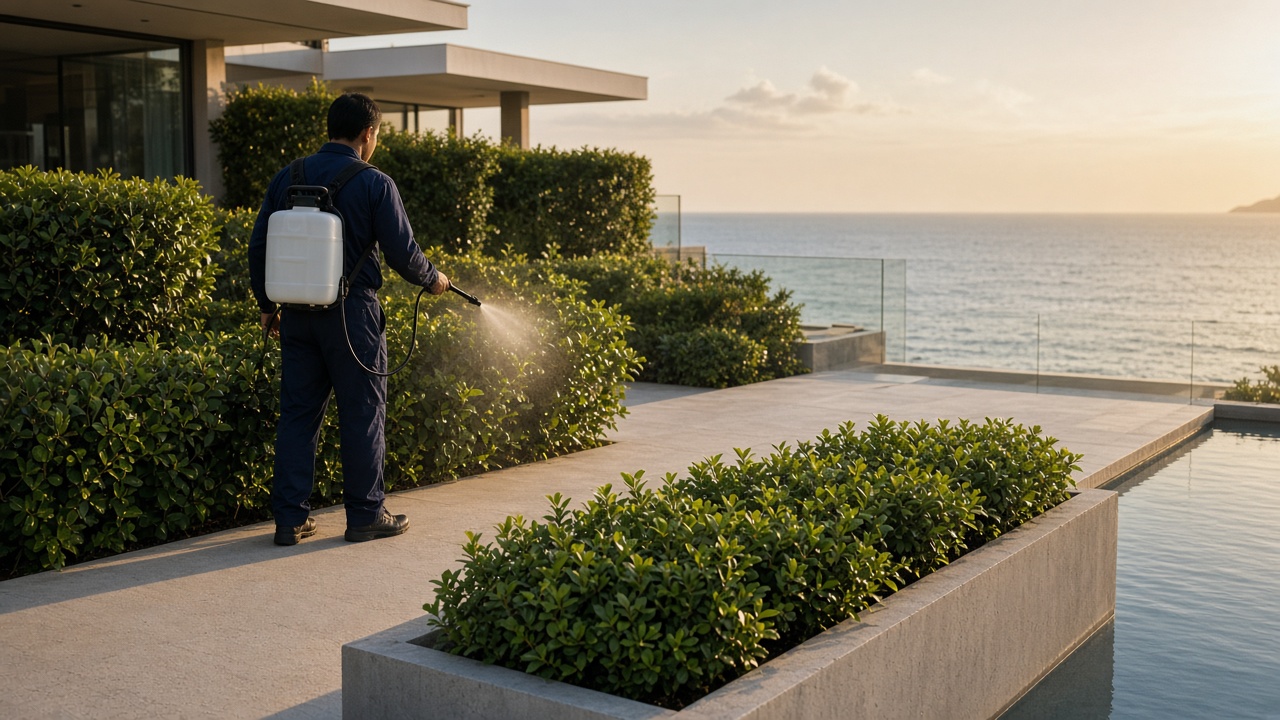 Pest control Palm Jumeirah technician treating a beachfront villa garden for mosquitoes